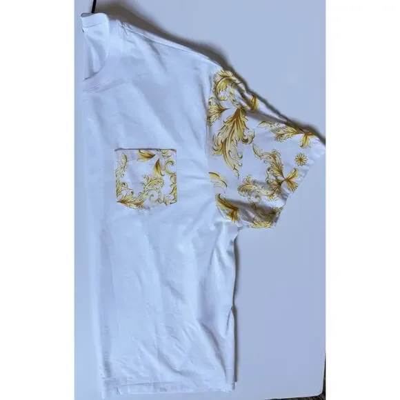 Versace Leafy Print Cotton Jersey T-Shirt White & Gold 5XL 1021353 Italy NWT